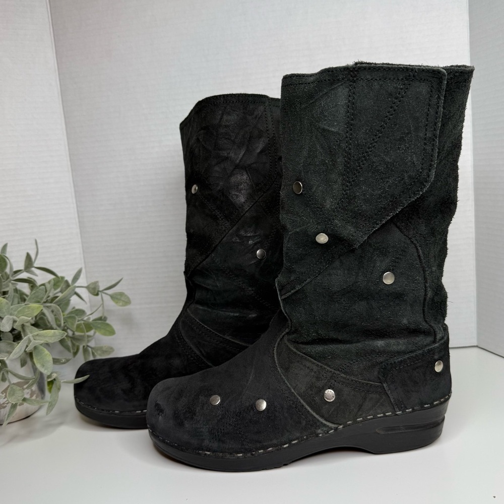 Sanita Black Leather Knee High Studded Clog Boots Women's Size EU 39 US 7.5-8